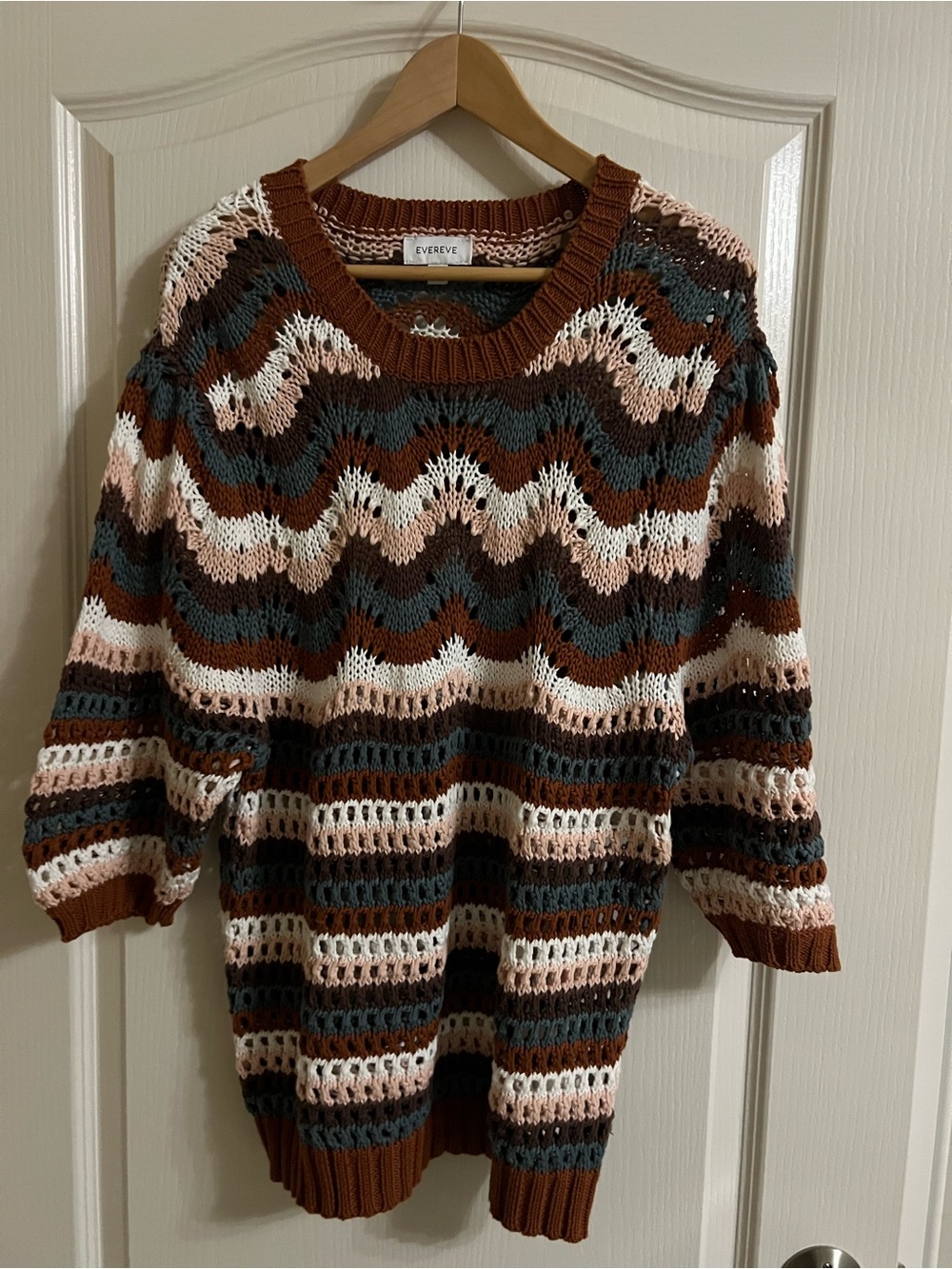 Evereve Brown, Cream & Gray Striped Open-Knit Sweater